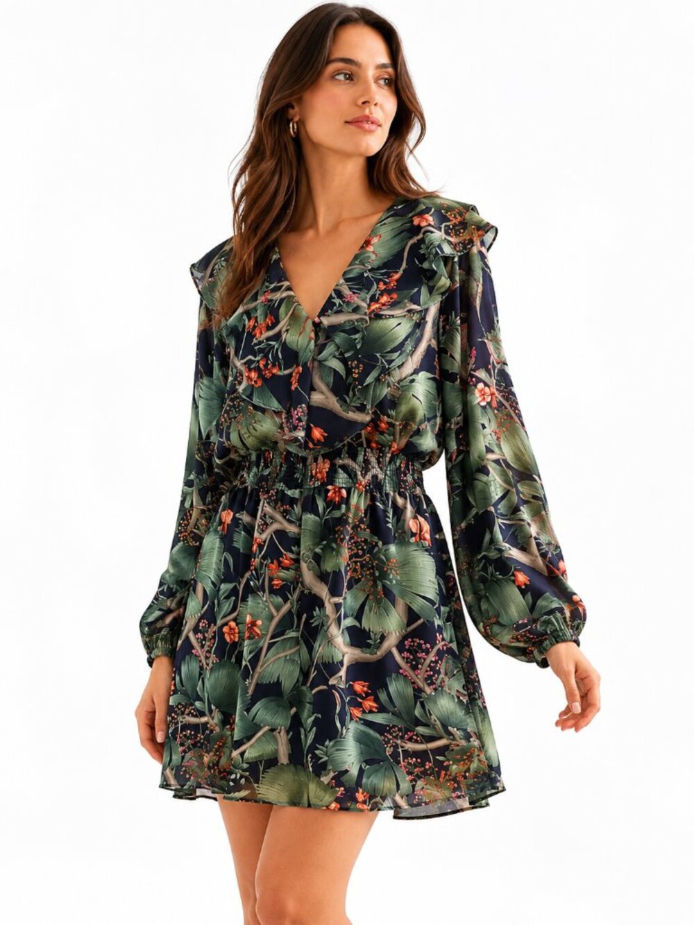 JOHANNA ORTIZ X H&M SMOCKED RUFFLE V-NECK FLORAL MINI DRESS - M